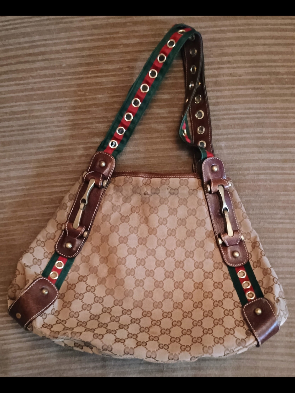 Gucci Grommet Pelham Beige GG Monogram Shoulder Bag with Brown Trim